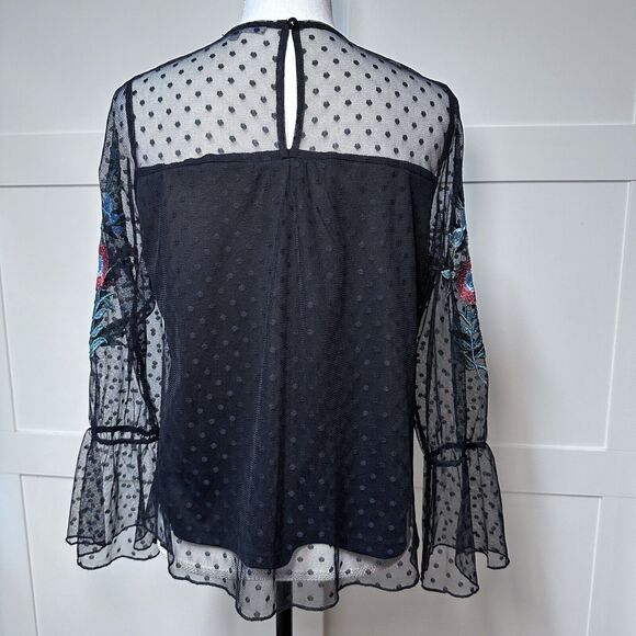 Sweet Rain Blouse Womens sz S Black Sheer Mesh Long Sleeve Floral Embroidery EUC - Picture 4 of 7